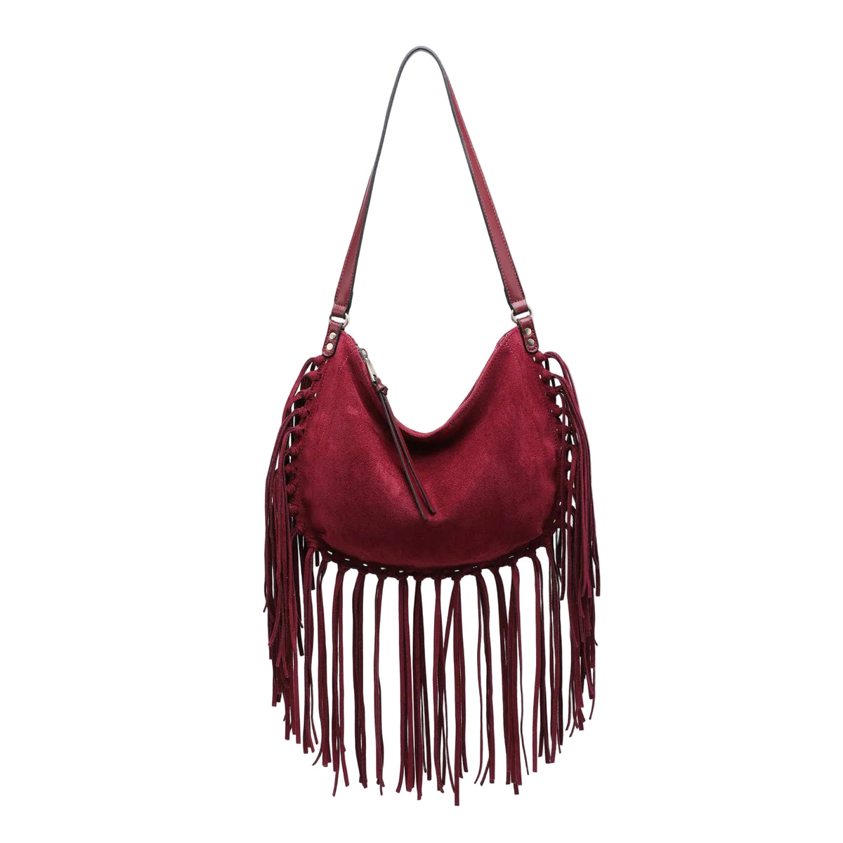 Faux Suede Wine Crossbody Bag with Fringing