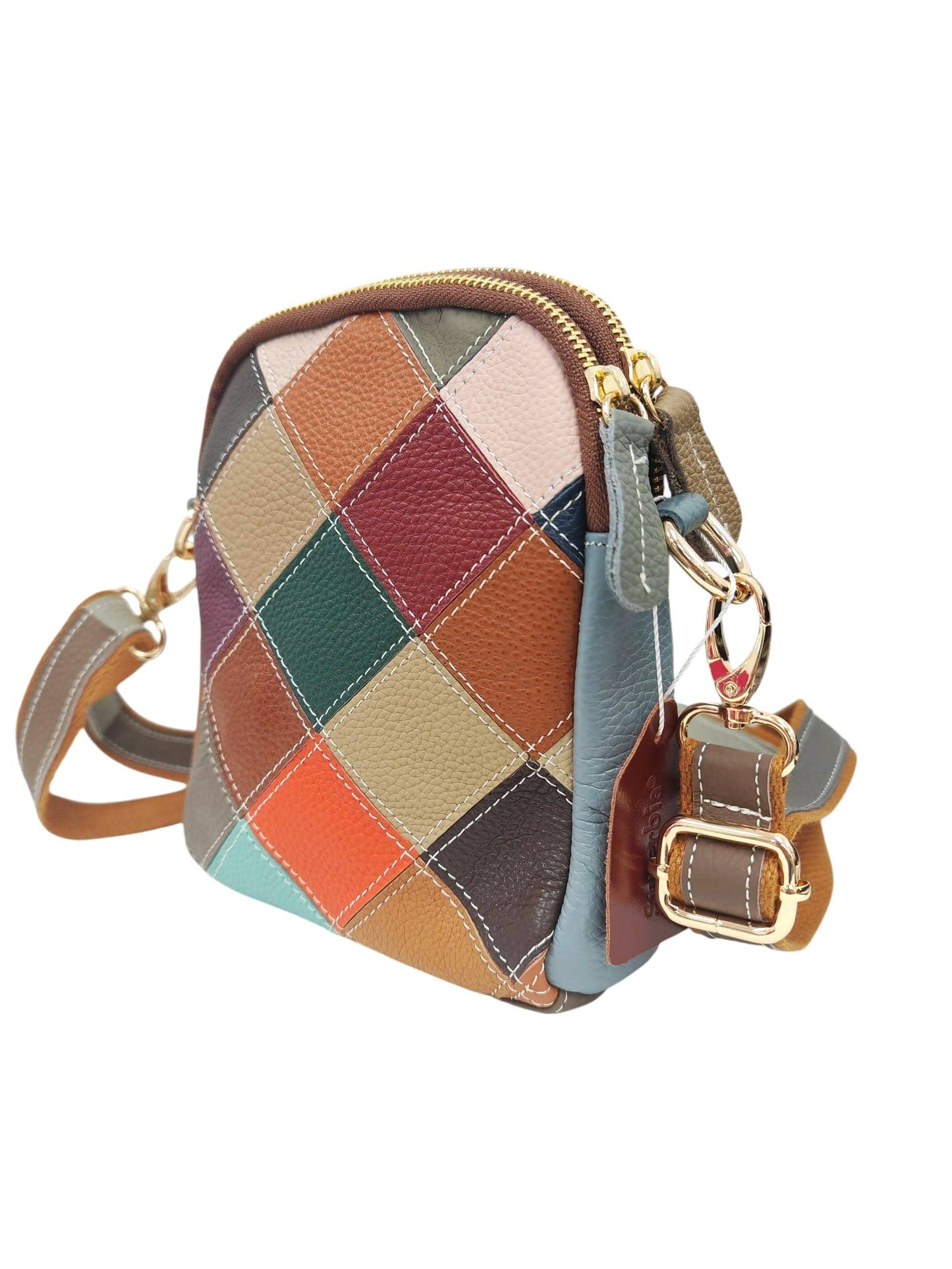 Stained Glass Window Inspired Leather Multicoloured Patchwork Double Zipper Small Bag