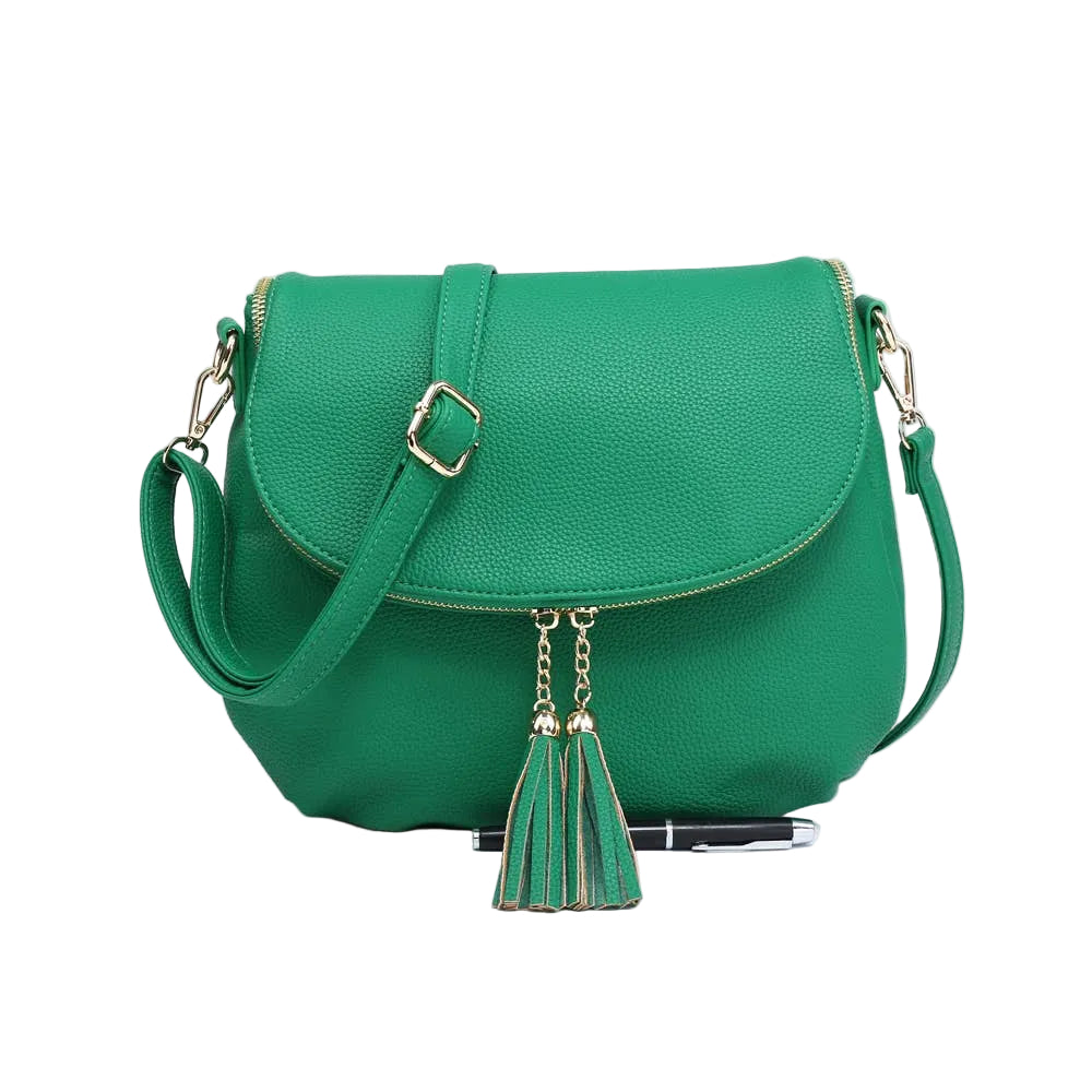Faux Leather Flap Over Crossbody Bag with Tassel Zipper