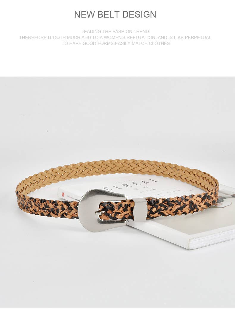 Woven Leopard Print Belt with Silver Buckle