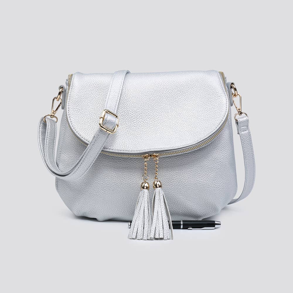 Faux Leather Flap Over Crossbody Bag with Tassel Zipper