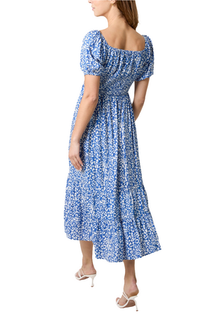 Blue Tie Front Shirred Waist Maxi Dress