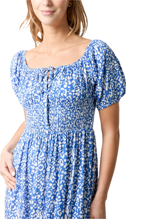 Blue Tie Front Shirred Waist Maxi Dress
