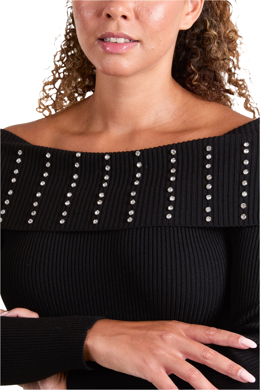 Diamanté Bardot Ribbed Jumper