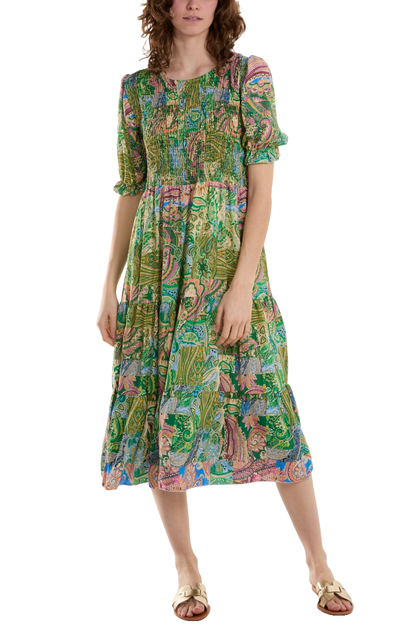 Patchwork Shirred Bodice Midi Dress