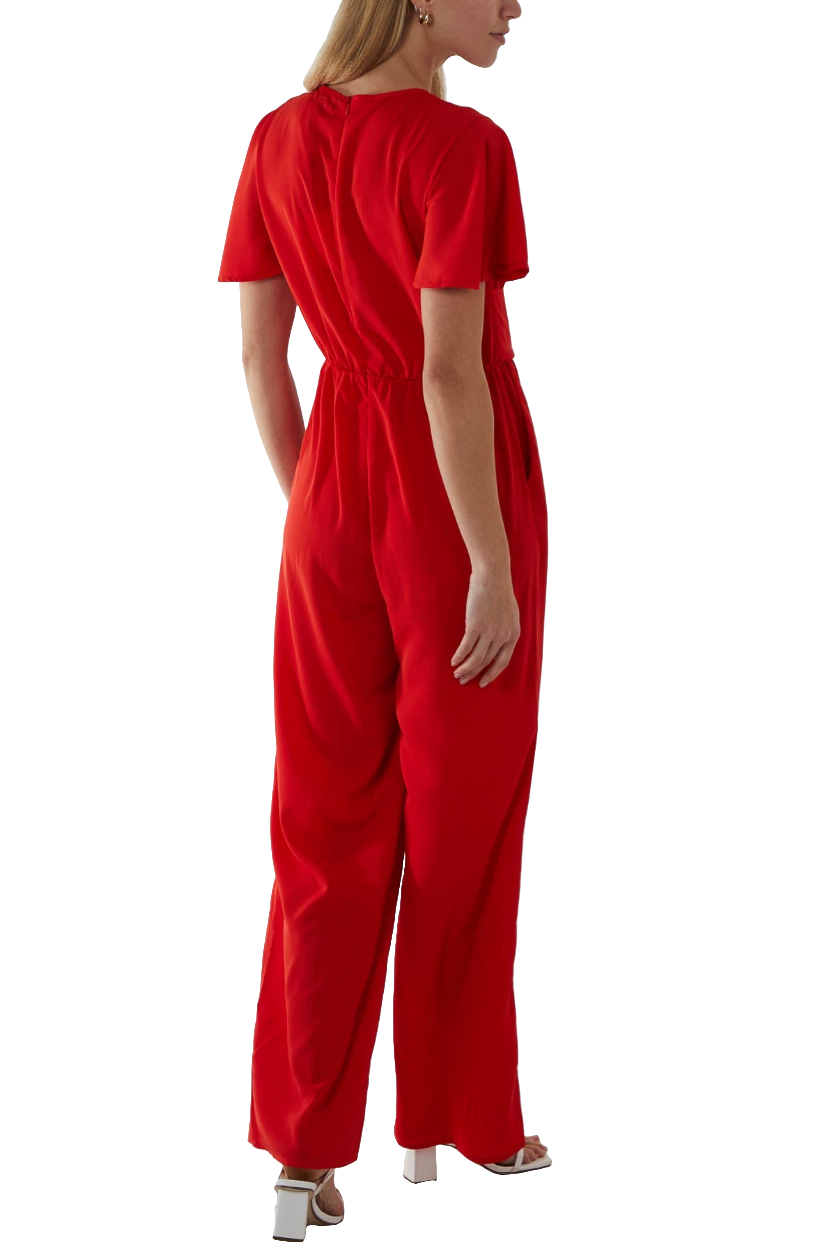 Wrap Front Tie Red Jumpsuit