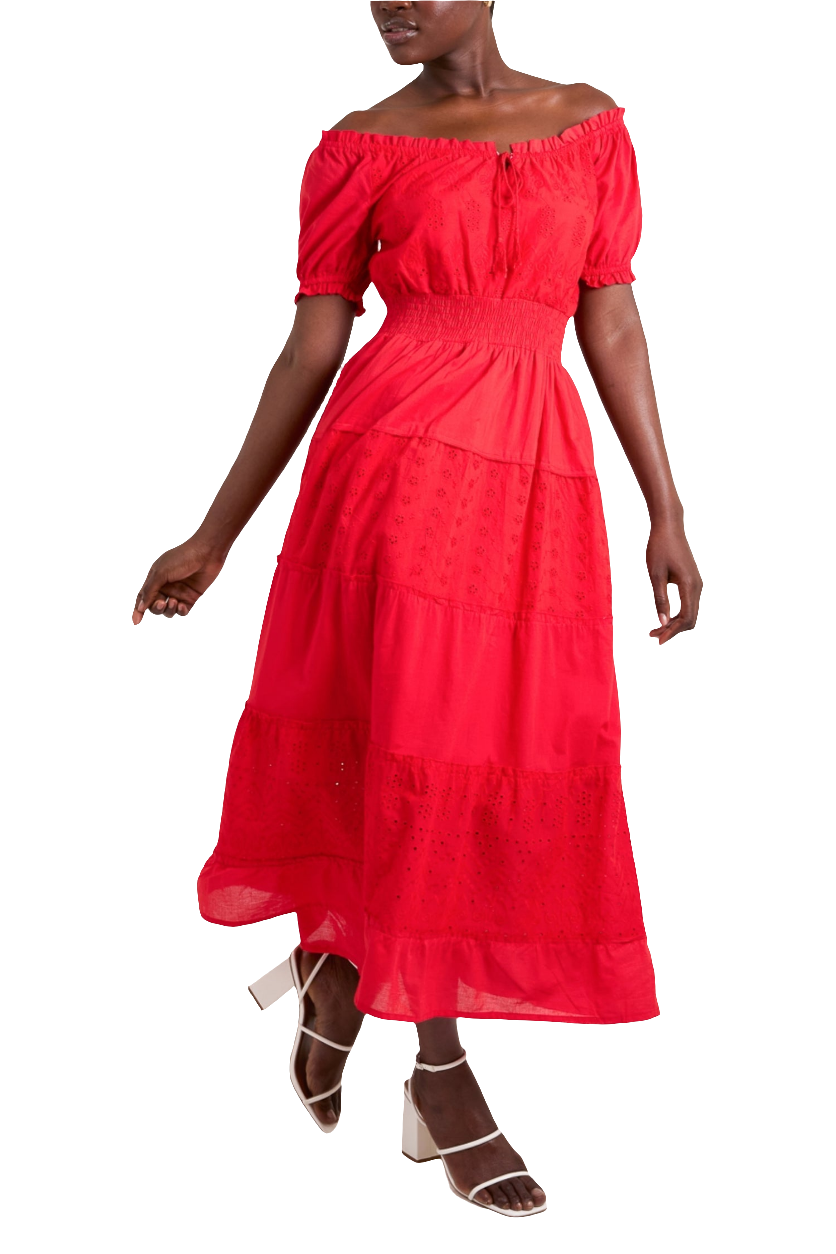 Red Broderie Anglaise Tiered Maxi Dress