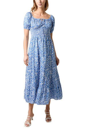 Blue Tie Front Shirred Waist Maxi Dress