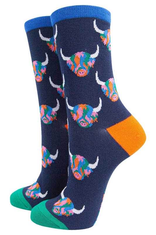 Women's Rainbow Highland Cow Print Bamboo Socks in Navy Blue