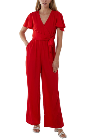 Wrap Front Tie Red Jumpsuit