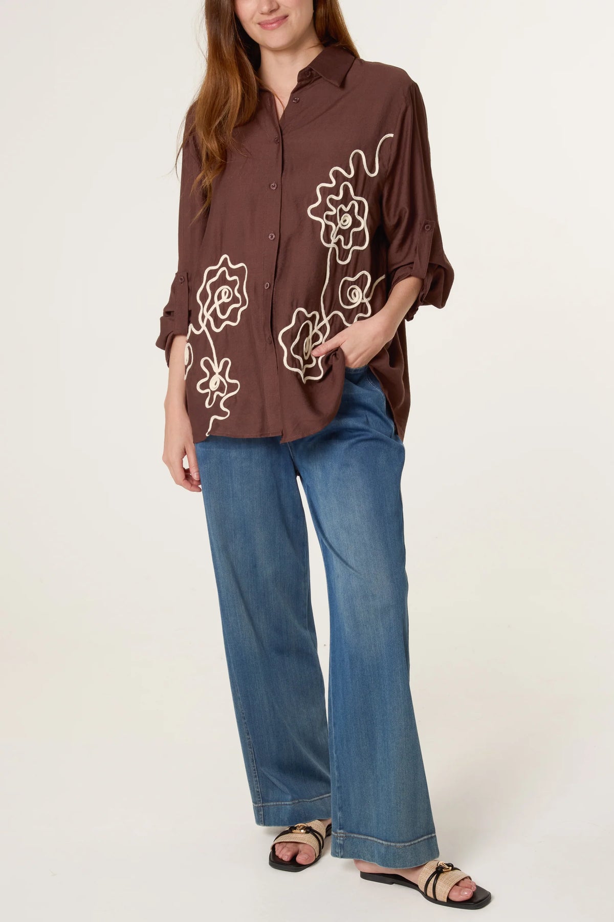 Floral Embroidery Roll Sleeve Shirt