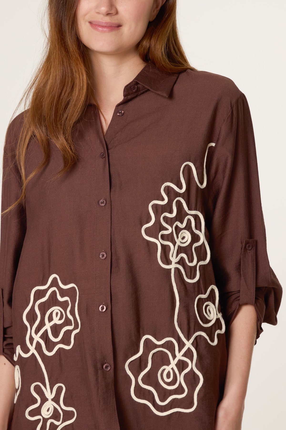 Floral Embroidery Roll Sleeve Shirt