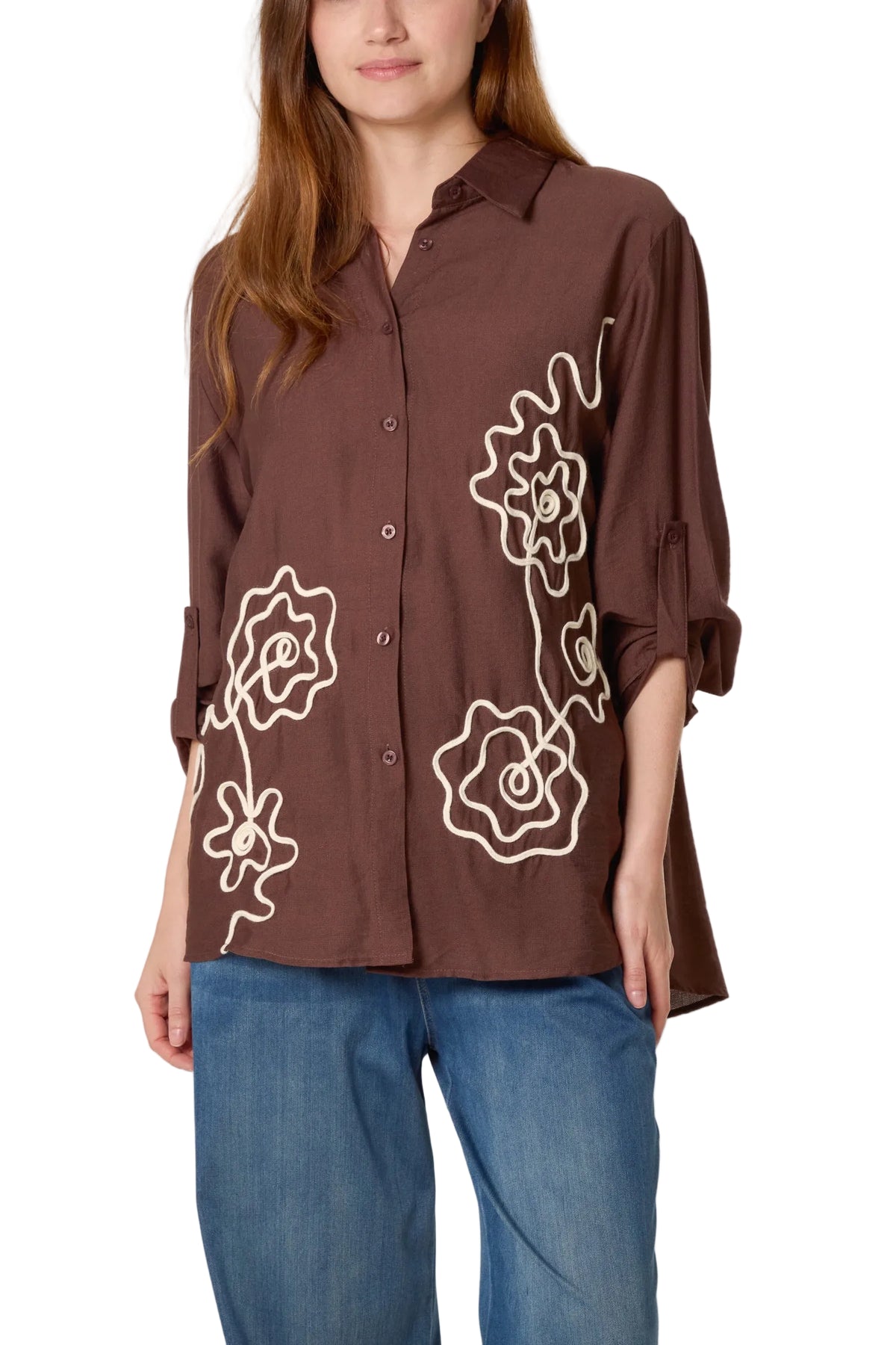 Floral Embroidery Roll Sleeve Shirt