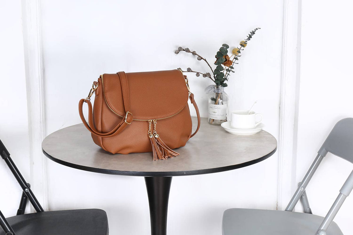 Faux Leather Flap Over Crossbody Bag with Tassel Zipper