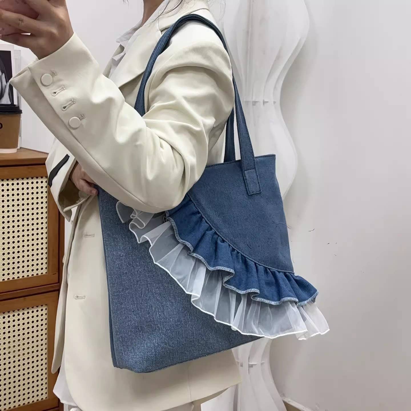 Blue Denim Shoulder Bag with Layered Mesh Ruffle