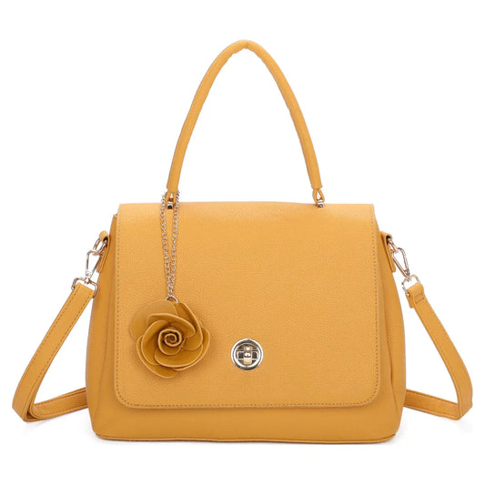 Top Handle Rose Charm Vintage Style Bag in Mustard