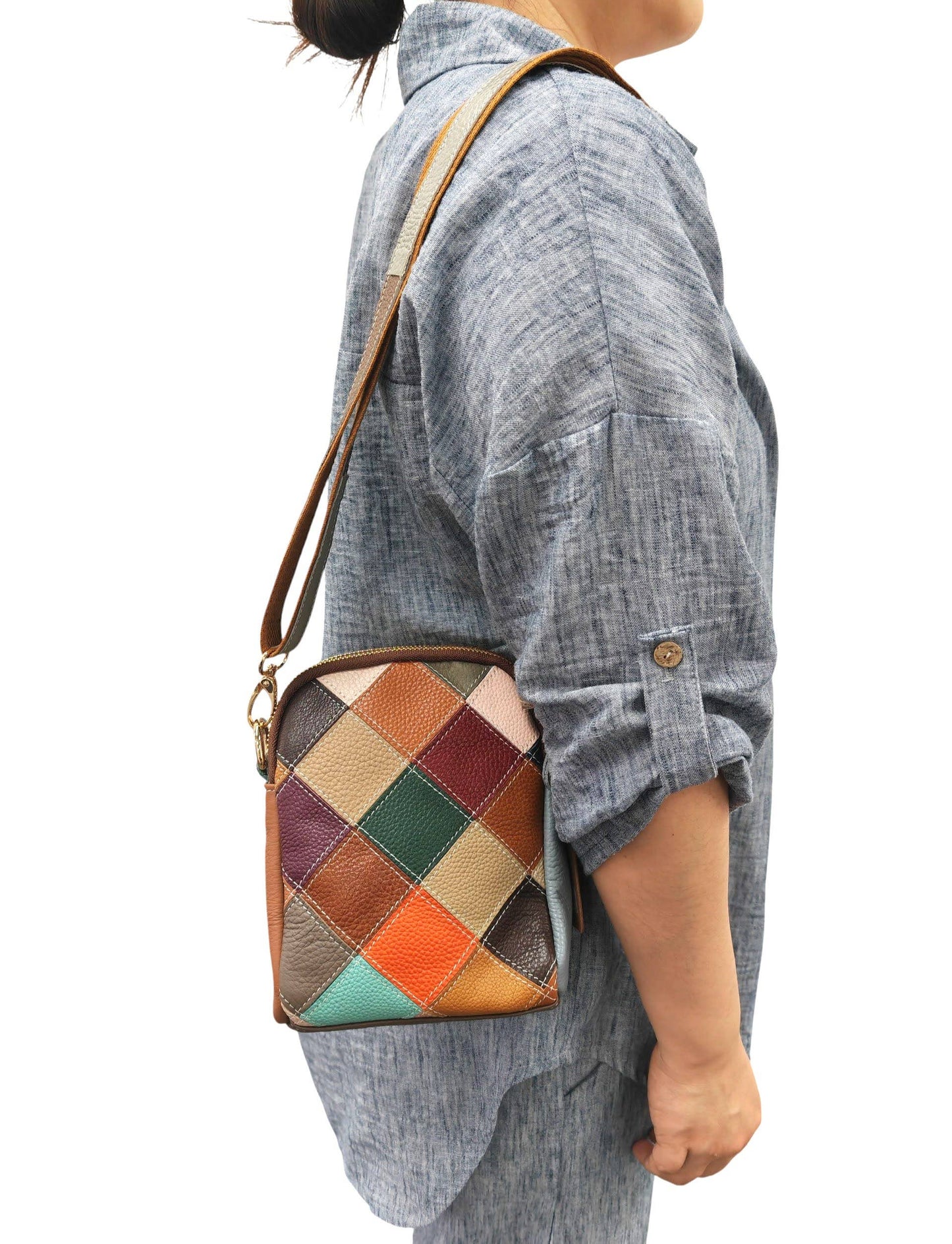 Stained Glass Window Inspired Leather Multicoloured Patchwork Double Zipper Small Bag