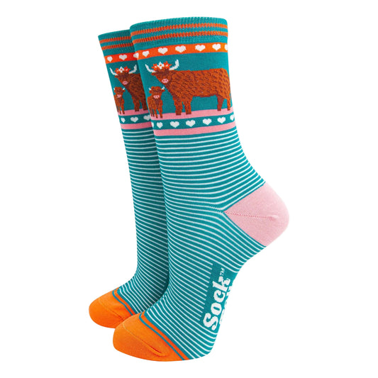 Women's Bamboo Socks - Teal, Highland Cow and Calf