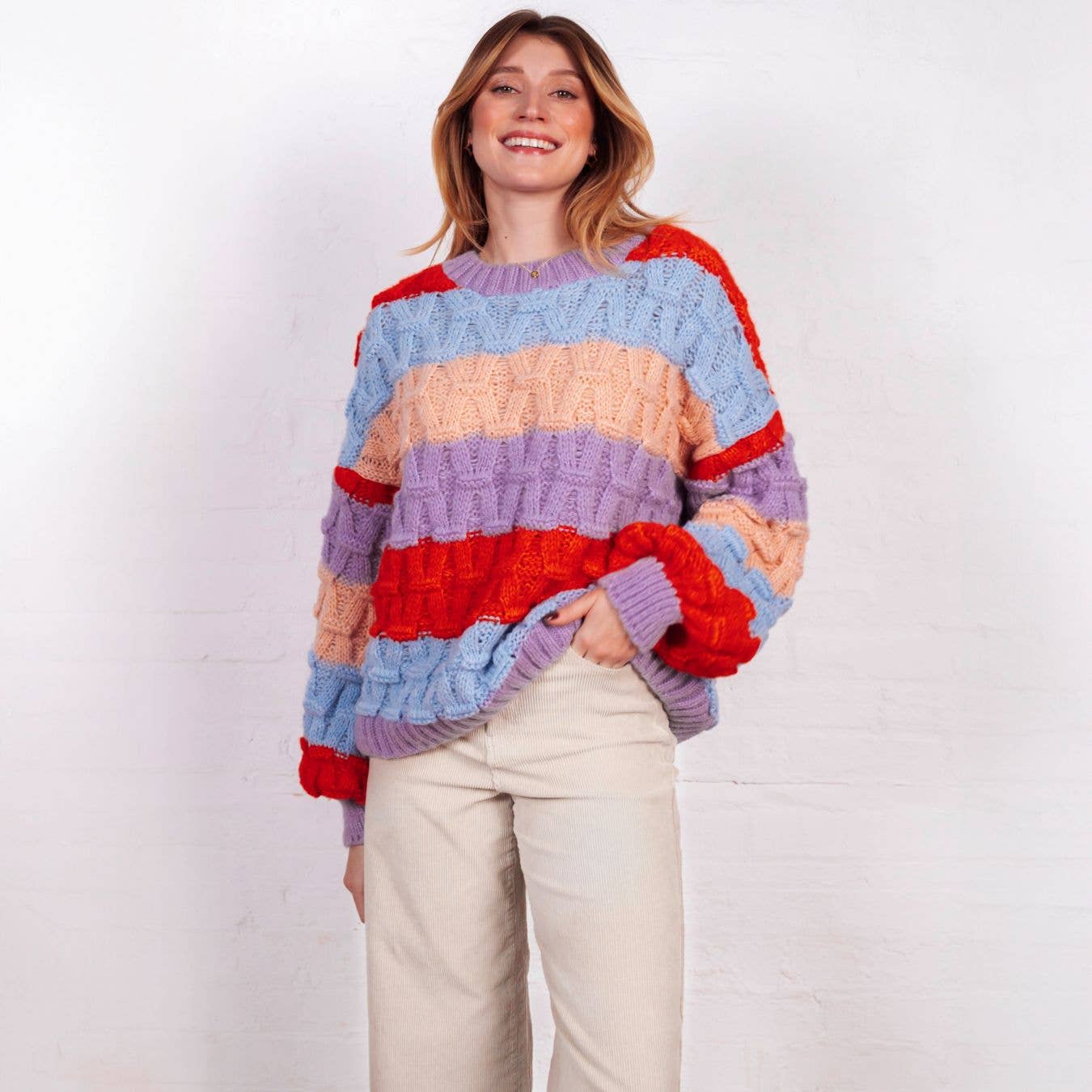 Mandy Criss-Cross Stitch Balloon Sleeve Stripe Jumper - Orange