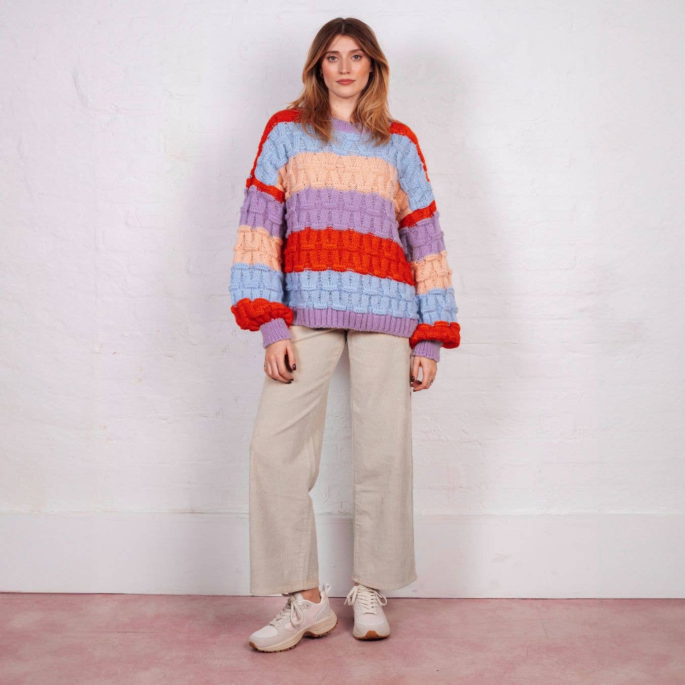 Mandy Criss-Cross Stitch Balloon Sleeve Stripe Jumper - Orange