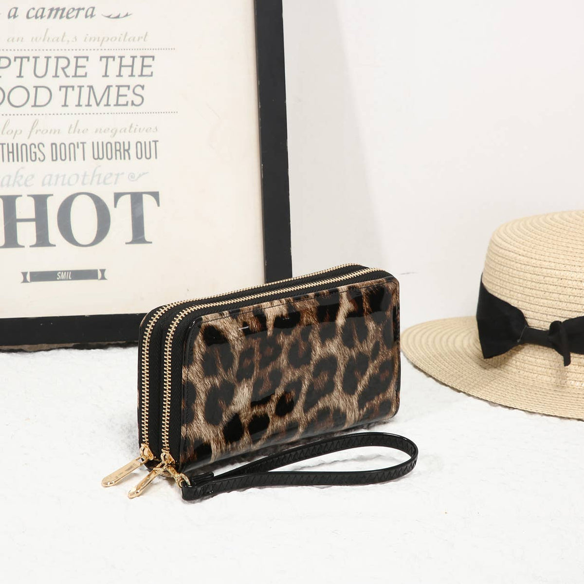 Leopard Print Double Zipped Patent Purse