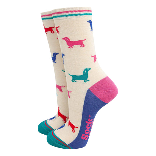 Women's Bamboo Socks - Cream/Multi, Sausage Dog