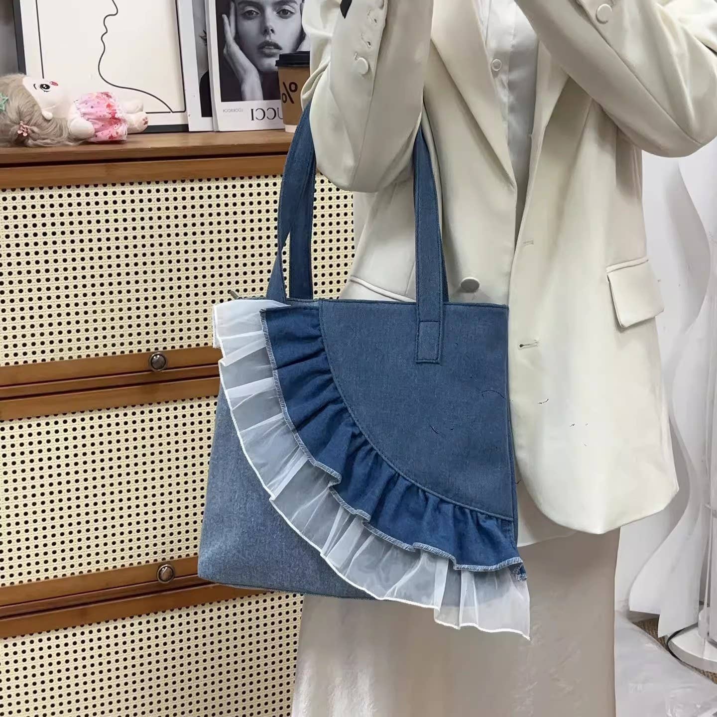 Blue Denim Shoulder Bag with Layered Mesh Ruffle