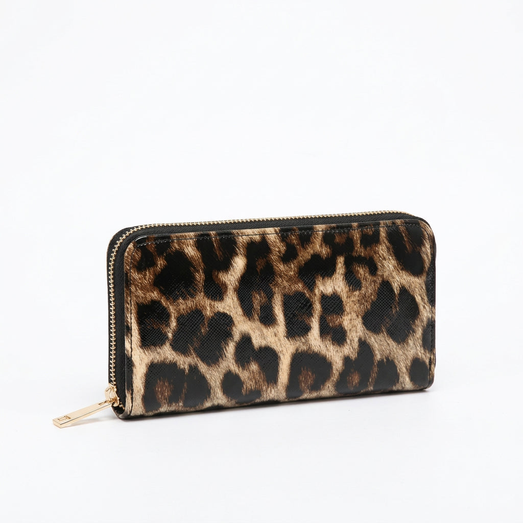 Leopard Print Double Zipped Patent Purse