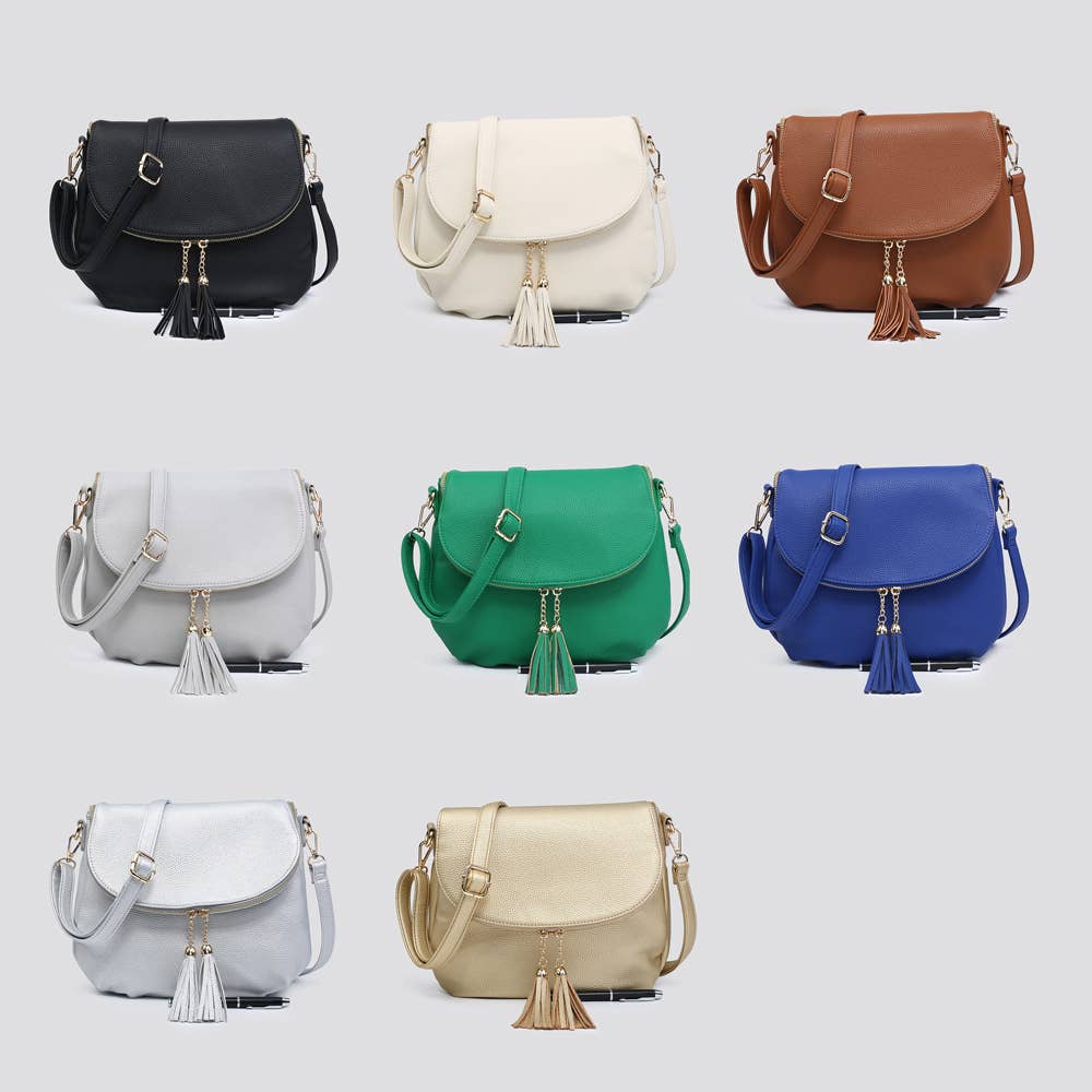 Faux Leather Flap Over Crossbody Bag with Tassel Zipper