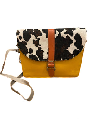 Mustard and orange animal print leather crossbody satchel