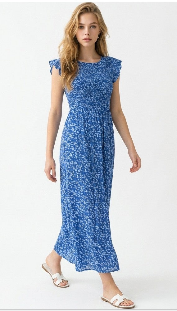 Floral Shirred Top Summer Dress in Blue
