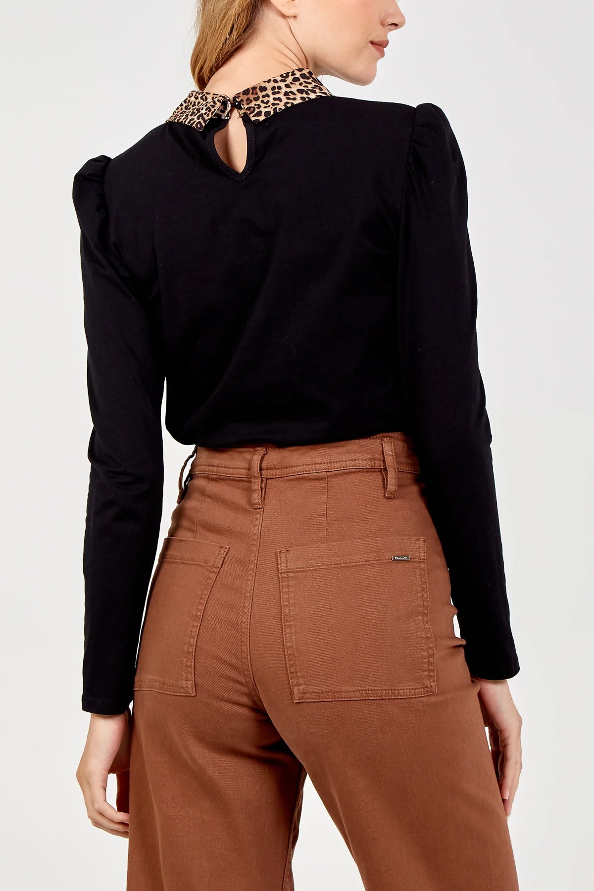 Leopard Print & Diamanté Collar Puff Sleeve Top