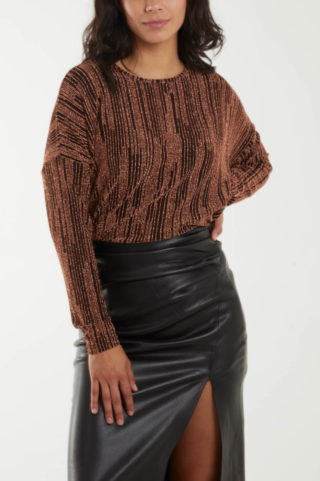 Asymmetric Bronze Batwing Lurex Top