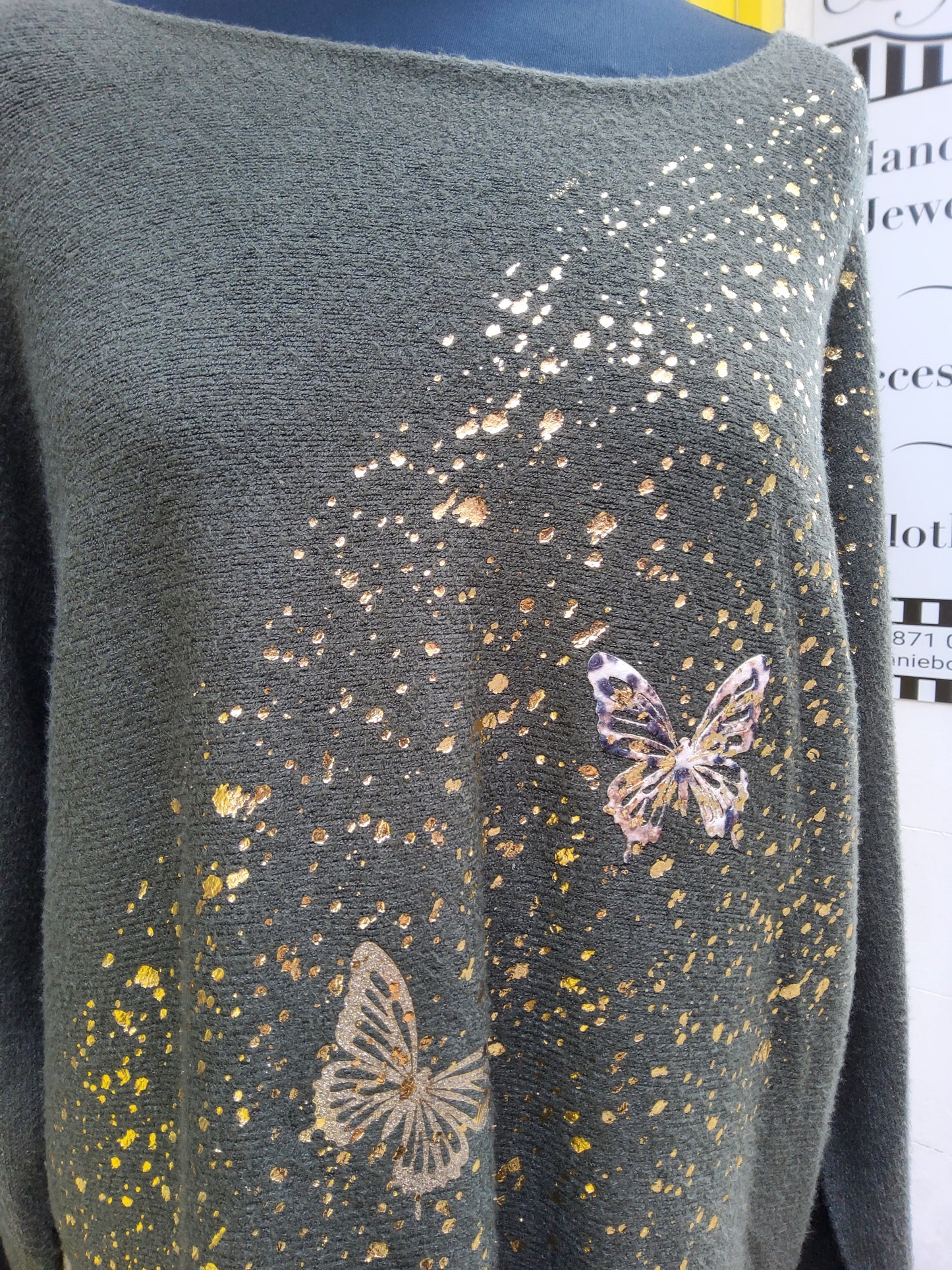 Khaki Gold Foil Butterfly Jumper