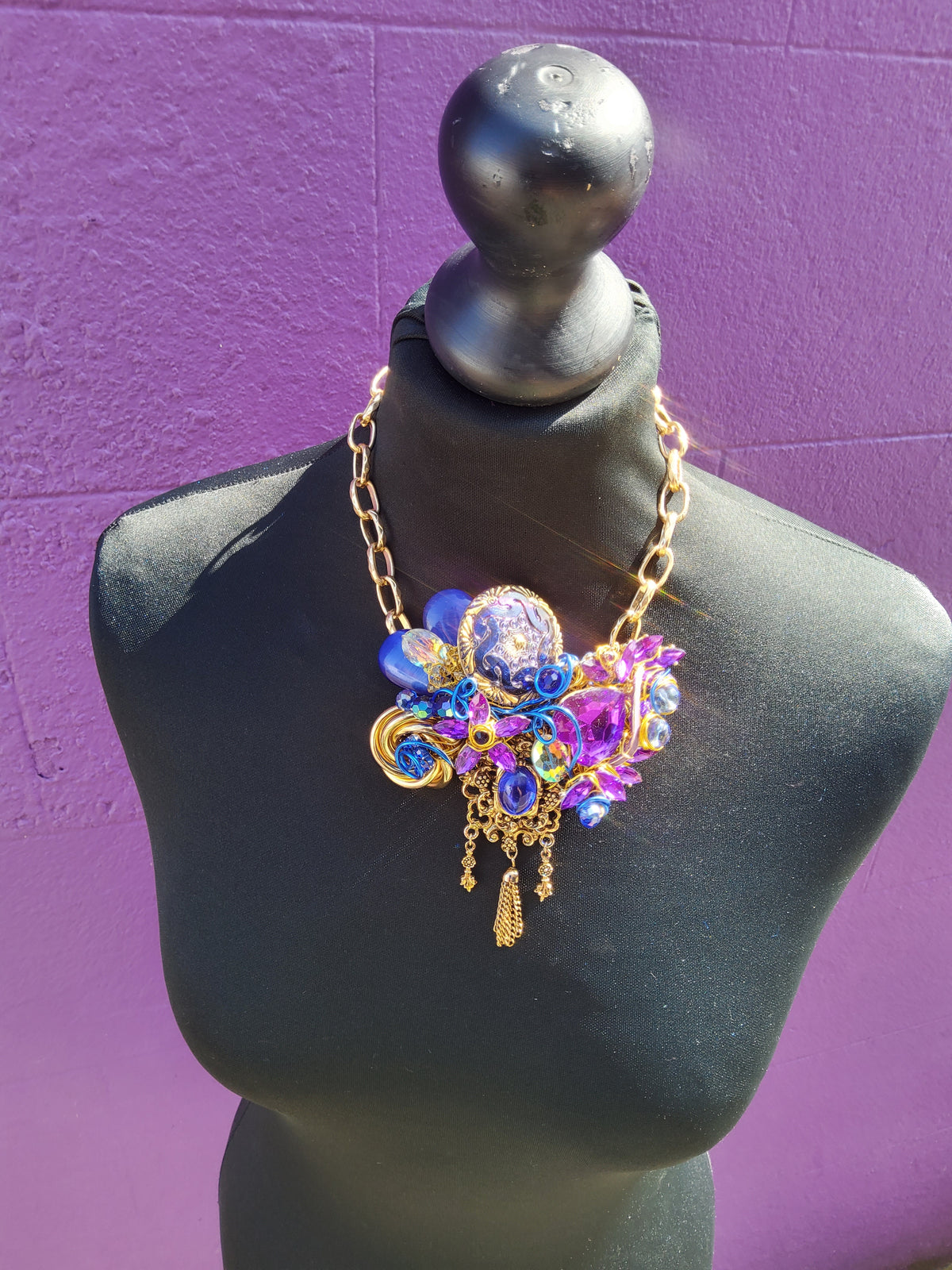Statement Hand-wired Purple, Blue & Gold flower with crystal