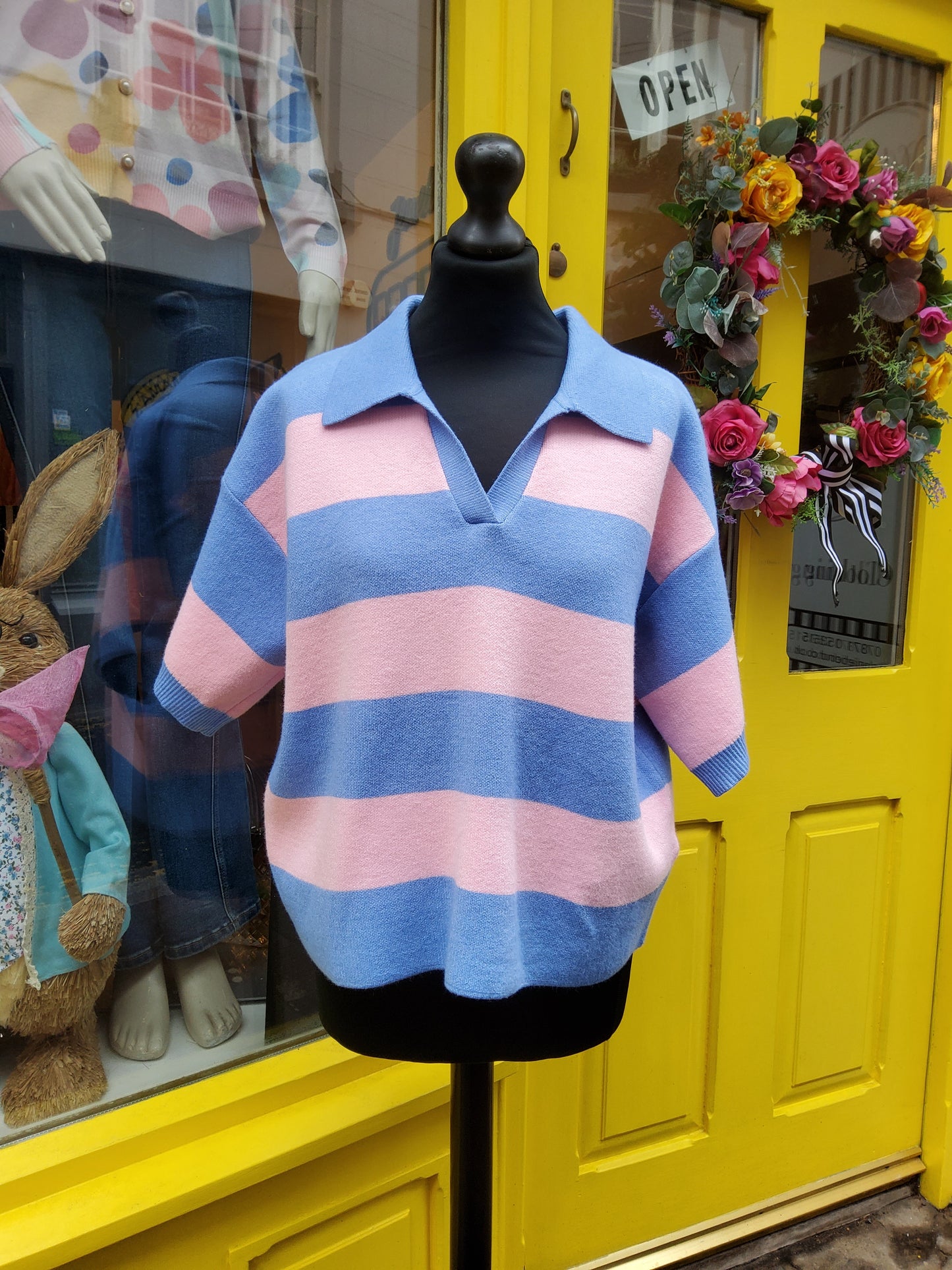 Striped Spring Knit Rugby Top in Pink & Blue
