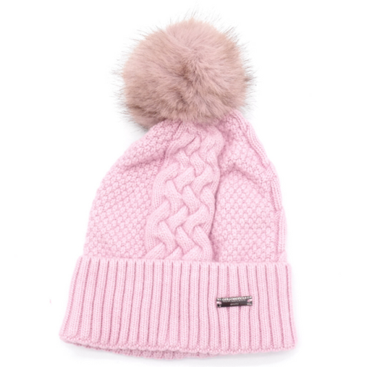 Red Cuckoo Pink Cable Knit PomPom Hat