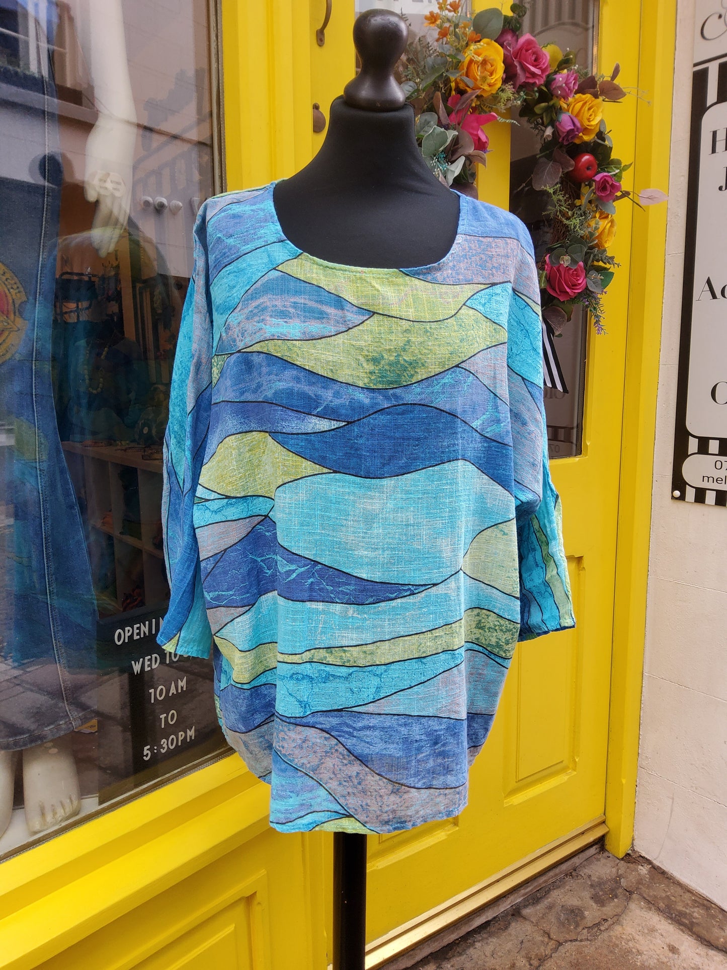 Blue & Green Stained glass window wave summer top