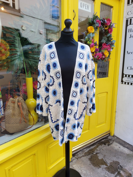 Long Crochet Cardigan Blue Spirals