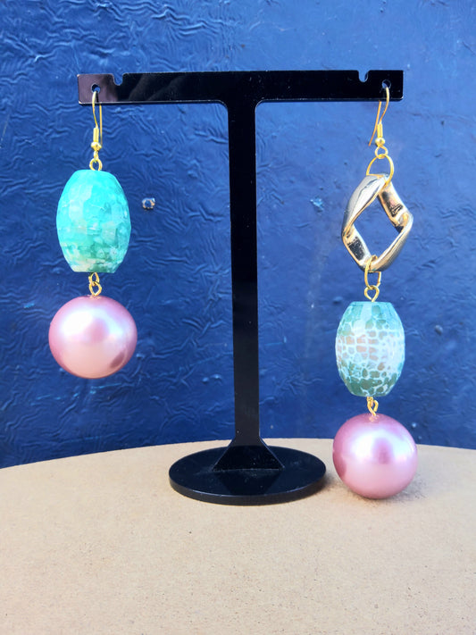 Asymmetric Chunky Agate Green, Pink & Gold Drop earrings