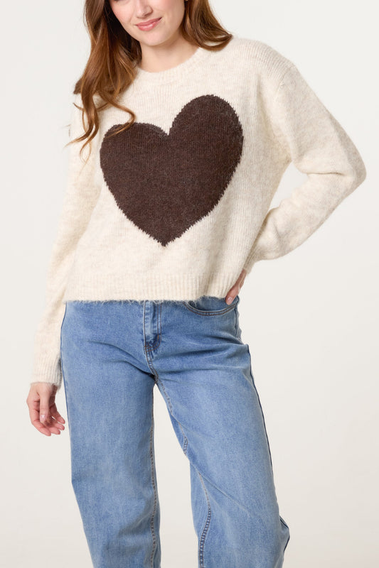 Brown and Cream Heart Crew Neck Jumper