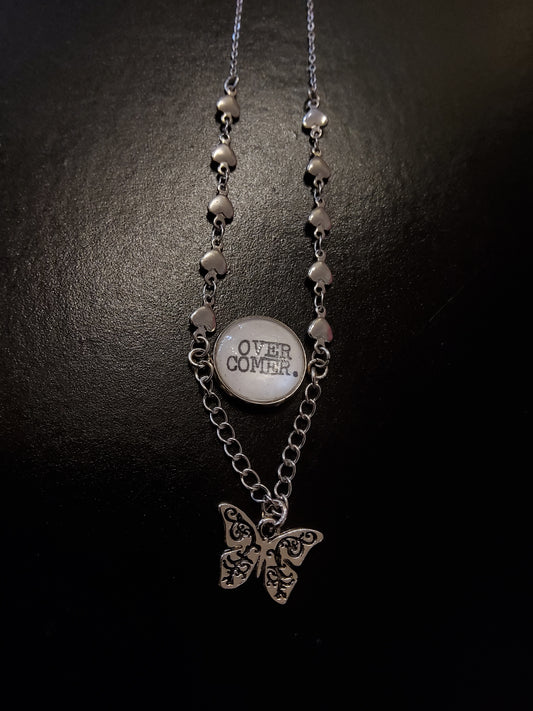 ‘Overcomer’ Necklace with Heart Chain and Butterfly Charm