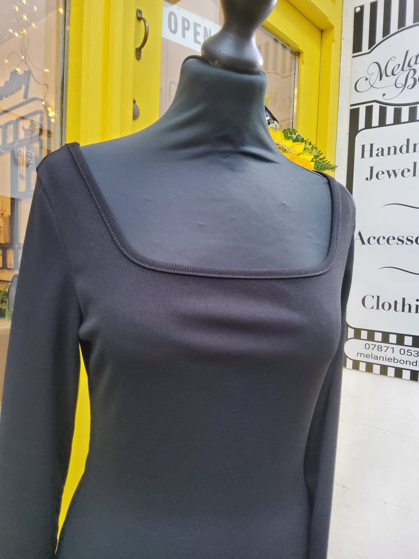 Black Square Neck Ribbed Long Sleeve Top