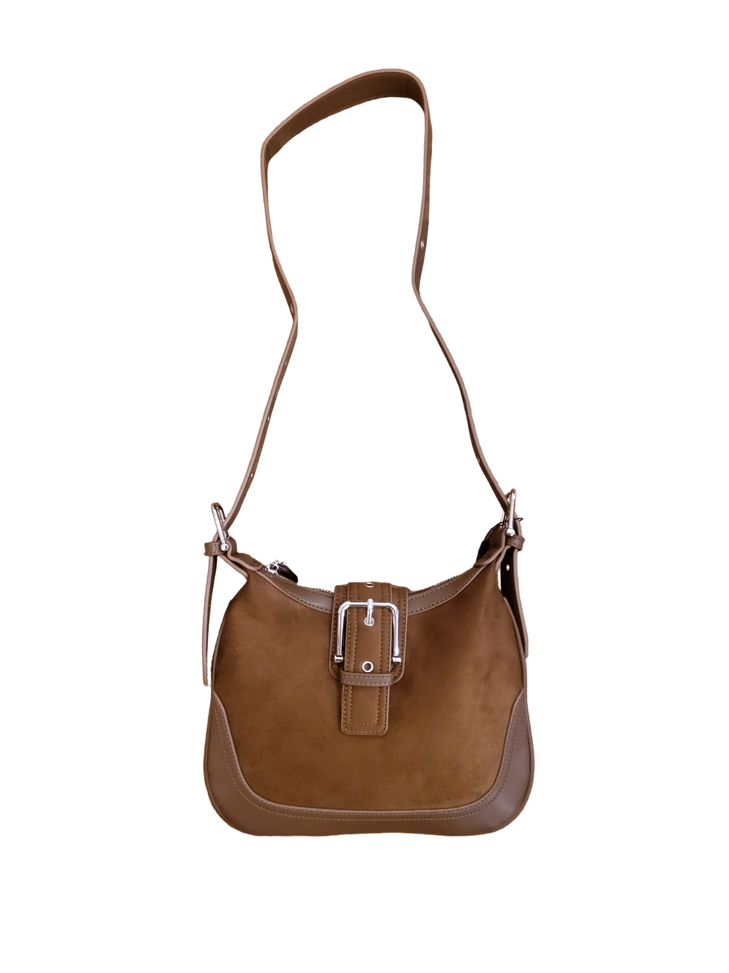 2000s style, brown crossbody bag with buckle
Suede and leather blend