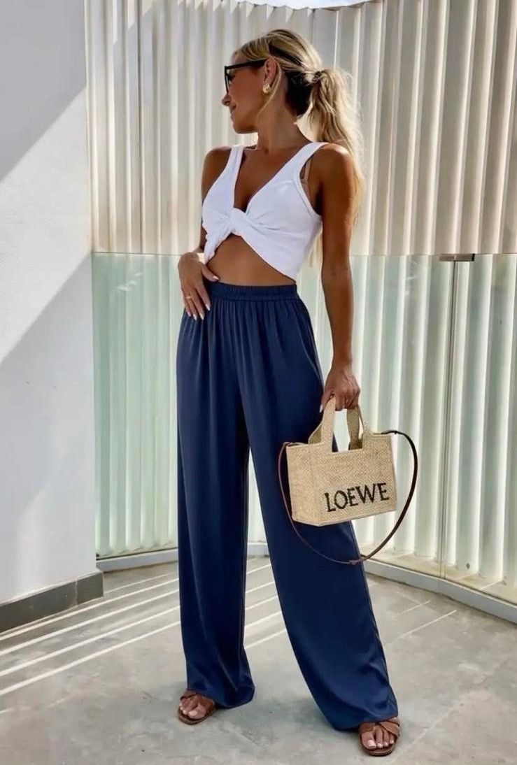 Navy Wide Leg Elasticated Trousers