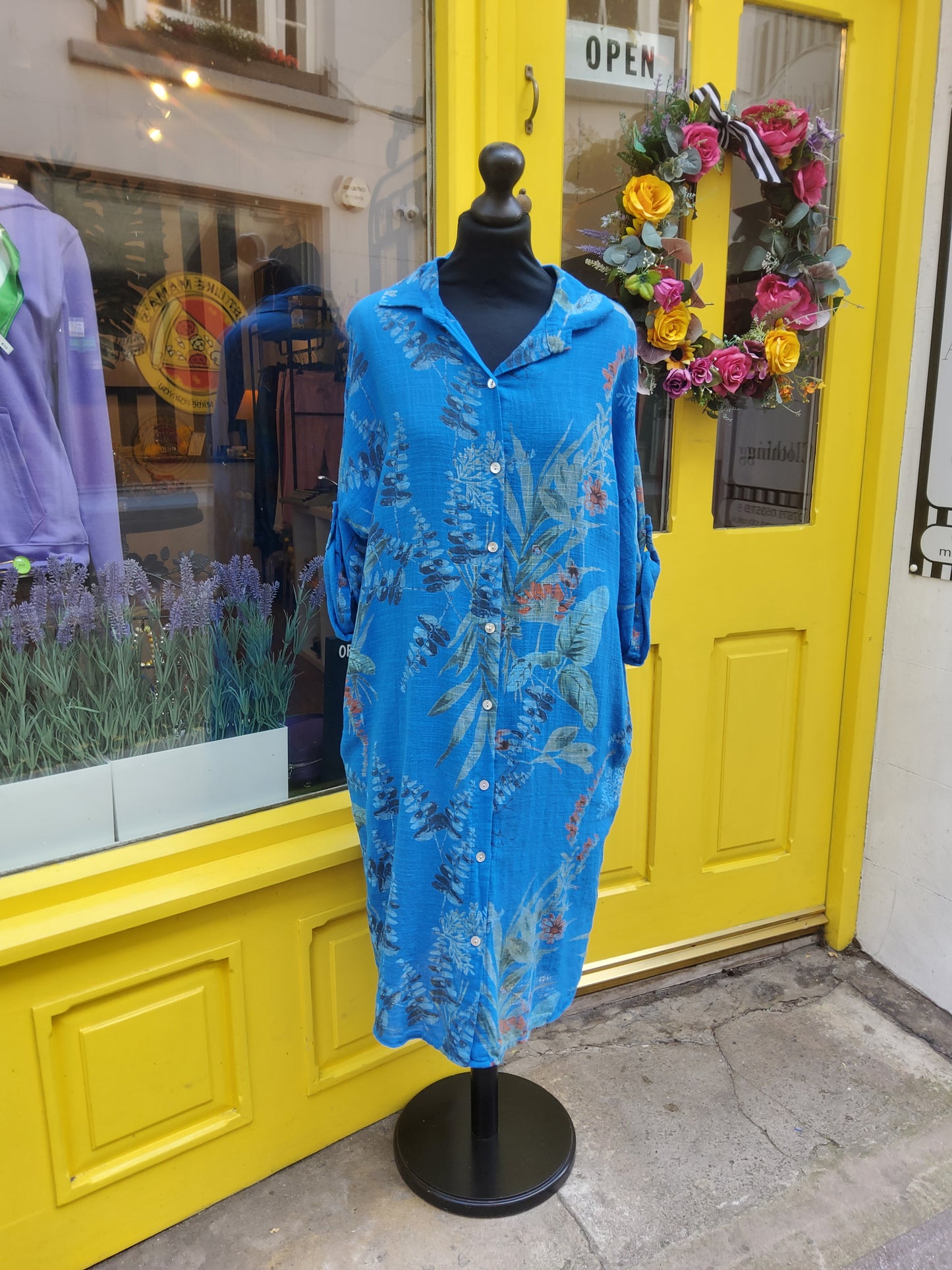 Blue Leaf Print Shirt Dress