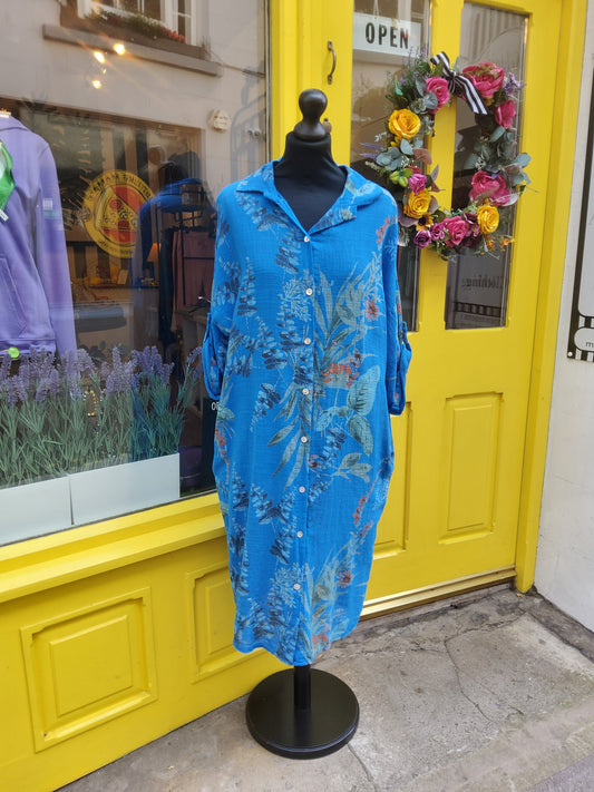 Blue Leaf Print Shirt Dress
