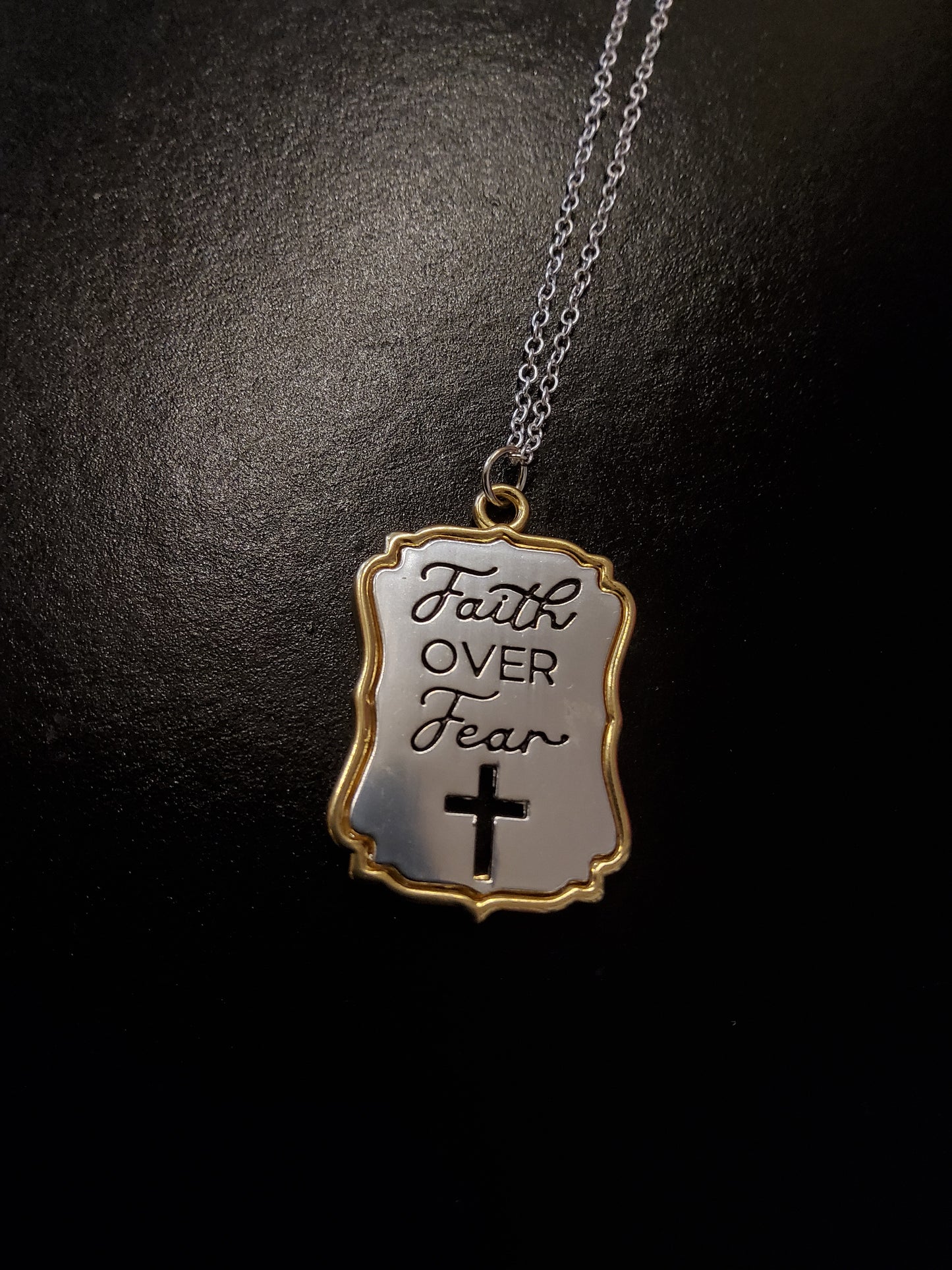 'Faith over fear' Pendant with Cross Cut-out (Silver Chain)