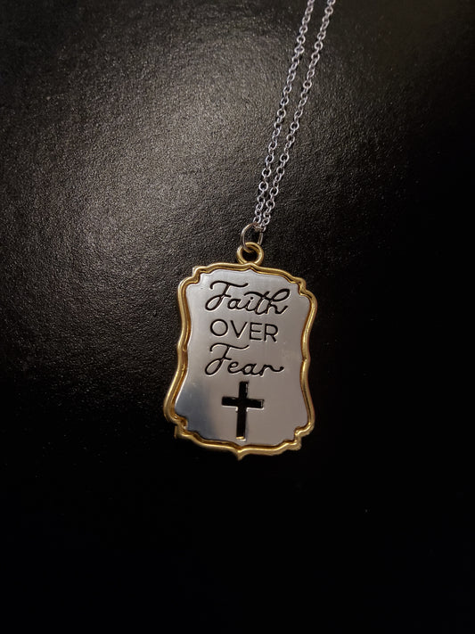 'Faith over fear' Pendant with Cross Cut-out (Silver Chain)