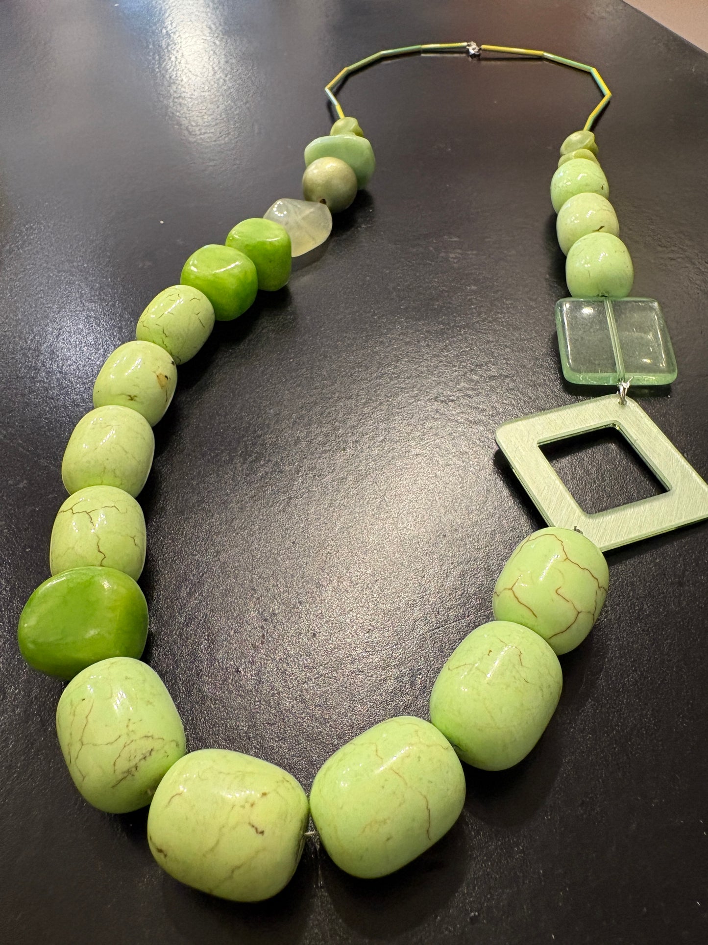 Long beaded lime green chunky statement geometric necklace